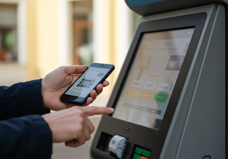 A close-up shot of a person's hands, one holding a smartphone displaying a text message or app with a payment code, the other interacting with a digital screen of a payment kiosk. The kiosk is situated in a bright, public area in Zaprešić, Croatia, under natural daylight. The screen's interface displays payment options. The scene conveys a moment of an online transaction using an unconventional method.