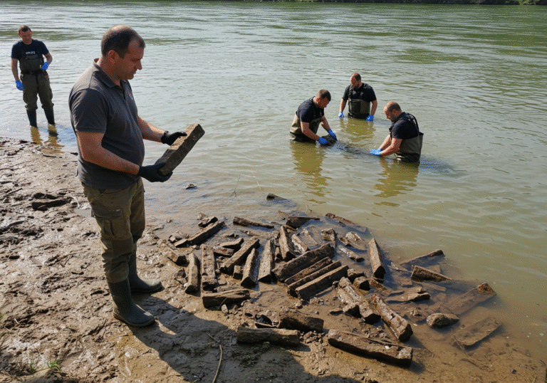An archaeological team carefully retrieves hundreds of two-thousand-year-old bi-pyramidal metal ingots from the shallow, clear waters of the Sava River near Orašje in Posavina Canton, northern Bosnia. On a bright, clear day, local history enthusiast Pero Matkić, dressed in practical work clothes, holds one of the ancient, semi-processed iron bars, examining its distinct bi-pyramidal shape on the muddy riverbank. An underwater archaeologist from the Croatian Conservation Institute, Krunoslav Zubčić, in waders and professional gear, works in the river alongside team members from the Croatian Mountain Rescue Service, who are assisting with the retrieval. Several other ingots are visible resting on the riverbed and partially covered in sediment. The overall scene captures the careful and focused work of a significant historical discovery.