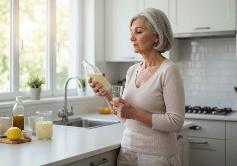 A thoughtful woman in her early sixties, wearing comfortable, light-colored clothing, stands in a brightly lit, modern kitchen. She holds a plain, unidentifiable bottle of a sugary beverage in one hand, her gaze intently fixed on it with a concerned expression. Natural daylight streams in from a large window behind her, illuminating the clean counter and a few common kitchen items. The atmosphere is quiet and reflective, emphasizing a moment of personal health contemplation.