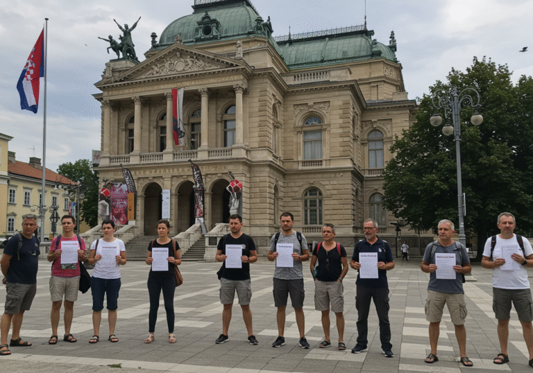 A small group of pro-Palestinian activists, some holding printed open letters, standing determinedly on the pedestrian area in front of the grand, ornate 19th-century Croatian National Theatre Ivan pl. Zajc in Rijeka, Croatia. It is a slightly overcast summer day, with soft, diffused daylight illuminating the scene. The activists wear casual everyday summer clothing. The architecture of the theatre, with its distinctive Central European style, is prominent in the background. A Croatian flag is visible on a pole nearby. The overall mood is serious and focused, reflecting their demand for the cancellation of a ballet performance.