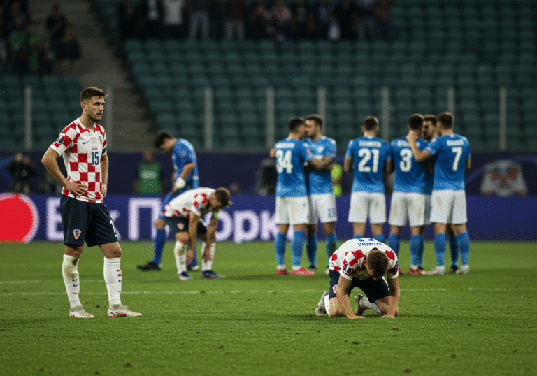 Dejected Croatian football players from Rijeka are seen on the pitch in Razgrad, Bulgaria, after their elimination from the UEFA Champions League qualifiers. Some players are kneeling with their heads down, while in the background, jubilant Bulgarian Ludogorets players celebrate their victory. It is a night game under bright stadium floodlights. Editorial sports photography on Wednesday, July 30, 2025.