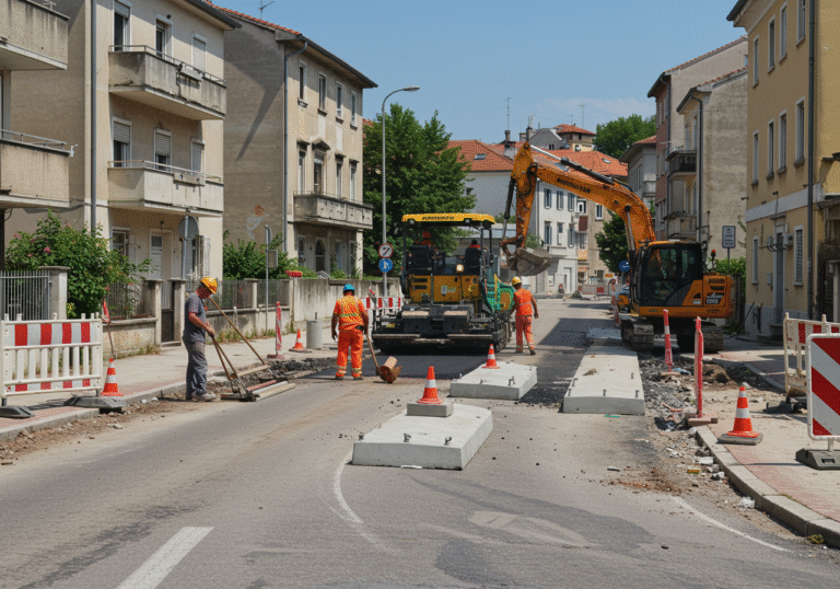 Construction workers in high-visibility gear and hard hats operate heavy machinery, including an asphalt paver and an excavator, on Ulica Franje Belulovića in Rijeka, Croatia, during late July. A section of the street between house numbers 2 and 13 shows exposed ground where old asphalt has been removed, with new concrete elements being positioned for traffic islands. Temporary orange cones and traffic signs are visible, guiding vehicles around the active work area. Residential buildings typical of Rijeka line the background under a clear summer sky, as work progresses on this infrastructure project.