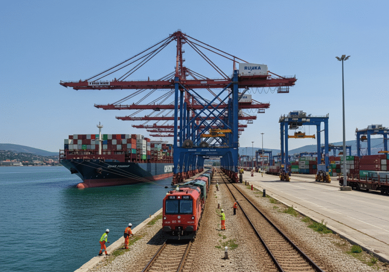 A wide, editorial photograph captures the Rijeka Gateway container terminal in Rijeka, Croatia, during daylight hours on a late summer day. The large container ship M/V Cape Fulmar is prominently docked at the quay, its vast structure dominating the scene. Parallel to the ship, a long, 500-meter ENNA Logic test train, loaded with empty containers, is positioned on the railway tracks. Towering RMG gantry cranes are actively engaged, lifting and moving containers, demonstrating the terminal's operational testing. Ground crews in safety vests are visible, overseeing the precise logistical movements across the expansive, modern port facility.
