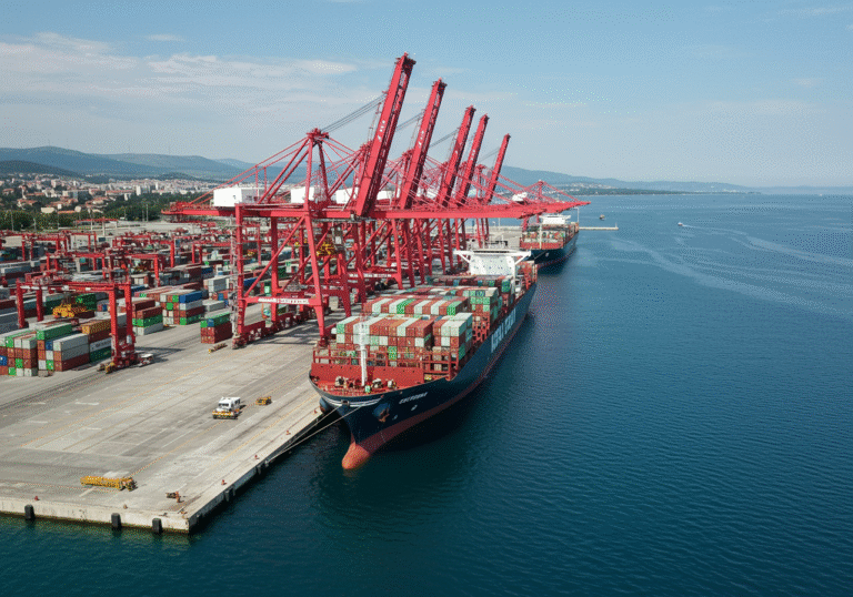 A wide, naturalistic editorial photograph of the modern Rijeka Gateway container terminal in the Port of Rijeka, Croatia, during its final testing phase. The large test container ship M/V Cape Fulmar is docked at the quay, being serviced by towering red and white ZPMC remote-controlled ship-to-shore cranes actively moving test containers. The automated nature of the terminal is subtly evident in the organized activity. The scene is set on a bright, clear mid-August day, with the calm Adriatic Sea visible in the background, along with the distinct coastline of Rijeka. The vast scale of the terminal, a major Croatian logistics investment, is captured, showcasing its readiness for commercial operation.
