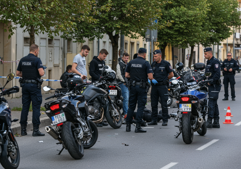 The aftermath of a traffic accident on Zvonimirova street in Rijeka, Croatia, in the late afternoon. Croatian traffic police officers, wearing dark uniforms with reflective elements, are actively investigating the scene. Two male motorcyclists, foreign nationals, are present; one 21-year-old is showing minor injuries from a fall, while a 20-year-old male stands nearby with a concerned expression. Several motorcycles, including two with Austrian license plates, are on the asphalt, some appearing damaged. At least four motorcycles are sidelined for police inspection and potential seizure due to technical defects. Other foreign motorcyclists from their group stand nearby, observing the police work. The area is cordoned off with police tape and cones, set against the backdrop of typical Croatian urban architecture and trees, under clear skies.