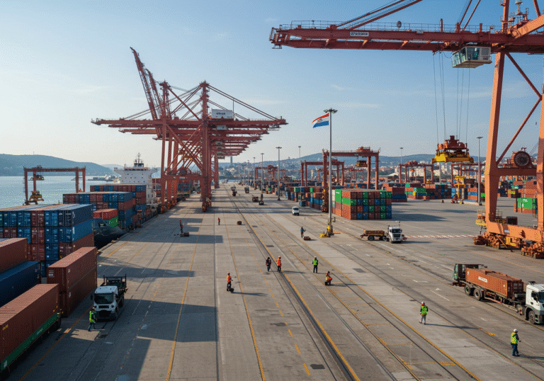A wide-angle, editorial photograph capturing the dynamic activity at the Adriatic Gate Container Terminal (Jadranska vrata) within the Port of Rijeka, Croatia. It is a clear, sunny afternoon, with multiple massive gantry cranes actively engaged in loading and unloading shipping containers from a large container ship docked at the quay. Brightly colored stacks of containers are prominently visible across the vast terminal area, stretching into the background. Port workers in high-visibility vests are seen overseeing operations and moving around the bustling scene, with port trucks transporting containers. In the distance, the outlines of the city of Rijeka's architecture are visible, and a Croatian flag prominently flies from a flagpole near a port building, subtly establishing the location. The scene emphasizes efficiency and high volume in container operations.