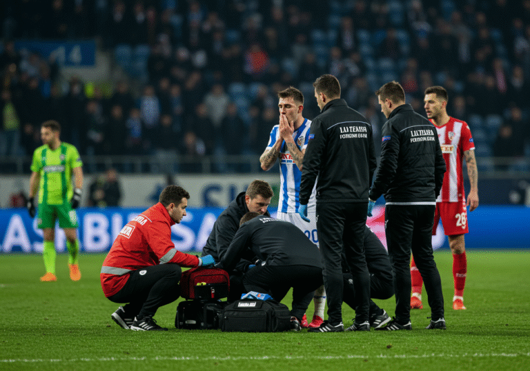 Rijeka player Majstorović, visibly in distress and holding his mouth, receives medical attention on the pitch during a late-night UEFA Europa League match at Rujevica stadium in Rijeka, Croatia. Stadium floodlights illuminate the scene as medical staff and concerned teammates gather around him. The atmosphere on the field is tense, reflecting the unexpected turn of events in the game between HNK Rijeka and Irish club Shelbourne.