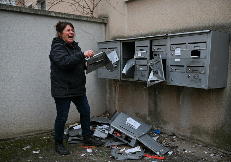 A 46-year-old woman, Sunčica B. R., with an expression of intense emotional distress and rage, in the act of vandalizing a cluster of wall-mounted mailboxes behind a residential building in Rijeka, Croatia, on January 24, 2025. Some mailboxes are torn, their doors ripped off and bent, while others lie scattered and damaged on the ground. The scene is lit by the muted light of a winter day.