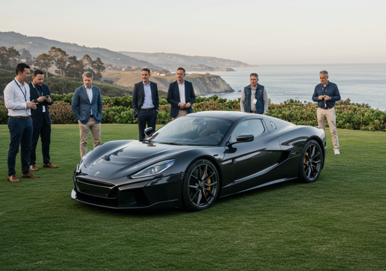 The sleek, modern Rimac Nevera R electric hypercar prominently displayed outdoors at the BINGO house, located in the lush green coastal hills of Monterey, California, during the Monterey Car Week in August. Bright, clear daylight illuminates the advanced design of the vehicle. Executives and well-dressed customers are gathered around, observing the car. In the background, a panoramic view of the Pacific Ocean coastline under a clear sky, emphasizing the exclusive and picturesque setting of the event.