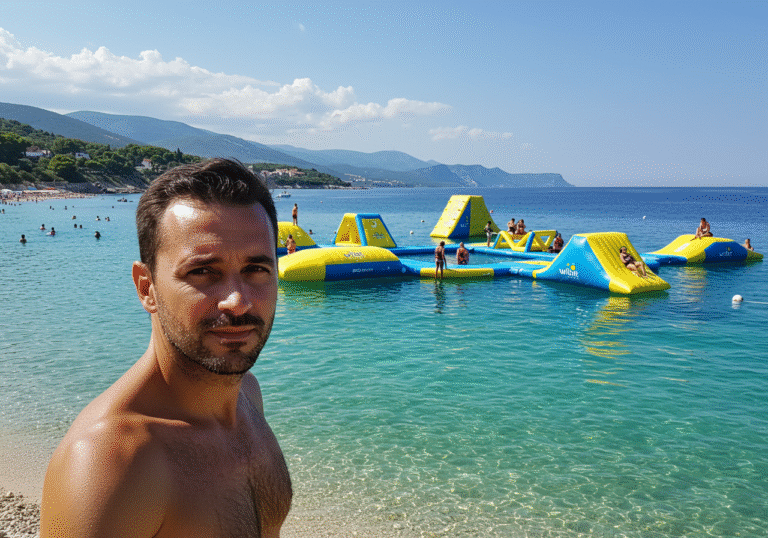 Robert Cirjak, a man with a focused and satisfied expression, stands at the edge of the water, looking out at a large, vibrant Wibit Sports floating water park. The inflatable park is teeming with people enjoying themselves in the crystal-clear turquoise waters of the Adriatic Sea. In the background, the iconic Zlatni rat beach in Brač, Croatia, stretches into the sea under a bright, sunny summer sky. The scene captures the essence of successful recreational tourism on the Croatian coast.