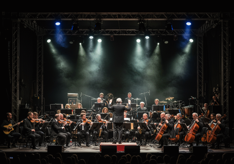 A grand outdoor concert on the Ljetna pozornica (Summer Stage) in Opatija, Croatia, at night. Maestro Fedor Vrtačnik stands centrally, actively conducting a diverse ensemble of over fifty performers. The stage is brightly illuminated, showcasing musicians from an international symphony orchestra, a powerful big band, and an energetic rock band playing together. Instruments like violins, cellos, saxophones, electric guitars, and drum kits are prominent. The atmosphere is vibrant, with stage lights casting dynamic shadows against the open Kvarner night sky, capturing the unique synergy of classic rock, jazz, and opera.