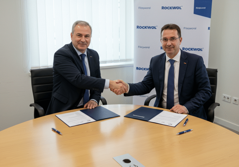 Aleks Fonović, a member of Rockwool Adriatic's Management Board, and Saša Bastijanić, a representative of the Union of Istria, Kvarner and Dalmatia (SIKD), shaking hands across a polished conference table in a bright, modern meeting room in Pula, Croatia. A formal collective agreement document and pens are clearly visible on the table between them. Both men are professionally dressed in dark business suits, their expressions reflecting mutual satisfaction and a successful agreement. The scene is illuminated by soft, natural daylight, typical of a late summer afternoon.
