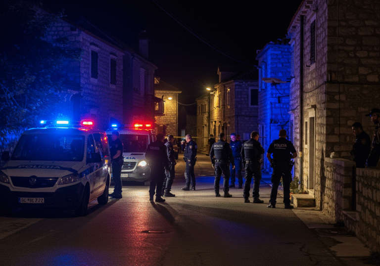 Croatian police officers and emergency service personnel are conducting an investigation during the night in the picturesque coastal village of Rogotin, Dubrovnik-Neretva County. Blue and red flashing lights from police vehicles illuminate the scene, casting long shadows. Officers in standard dark blue Croatian police uniforms are present, some holding flashlights, appearing serious and focused on their task. The atmosphere is somber, with a sense of quiet gravity, reflecting the community's sadness following a recent tragic discovery. Traditional stone houses line the narrow streets of the village under the dim moonlight, with a few curious onlookers respectfully observing from a distance.