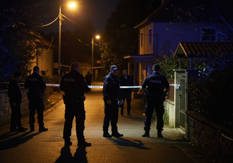 Night falls over Rogotin, a quiet settlement near Ploče in Croatia's Neretva valley. Croatian police officers are present, their faces serious and focused under the subdued light of streetlamps. The scene has a somber, heavy atmosphere within a residential area. In the background, a few local residents stand, their expressions showing deep shock and distress, observing the police activity from a respectful distance.