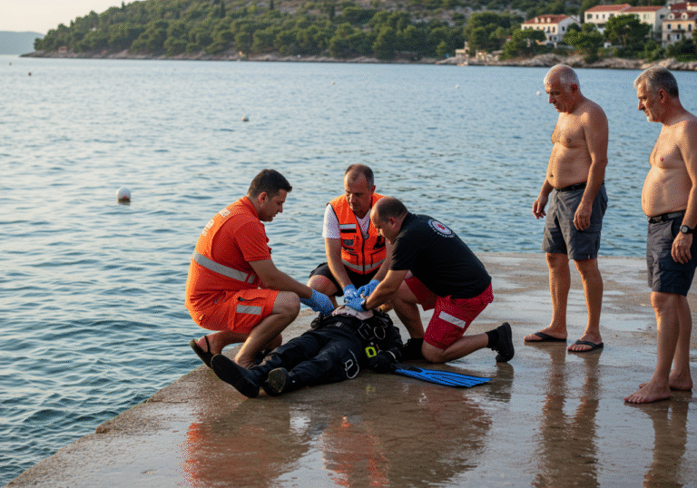 Morning light on a Croatian coastal pier near Ika, August 16, 2025. An experienced male diver from Rijeka lies on the ground after surfacing, with two civilians performing cardiopulmonary resuscitation. Croatian emergency medical technicians are rapidly attending to the scene. The atmosphere is somber, with concerned onlookers by the calm Adriatic Sea.
