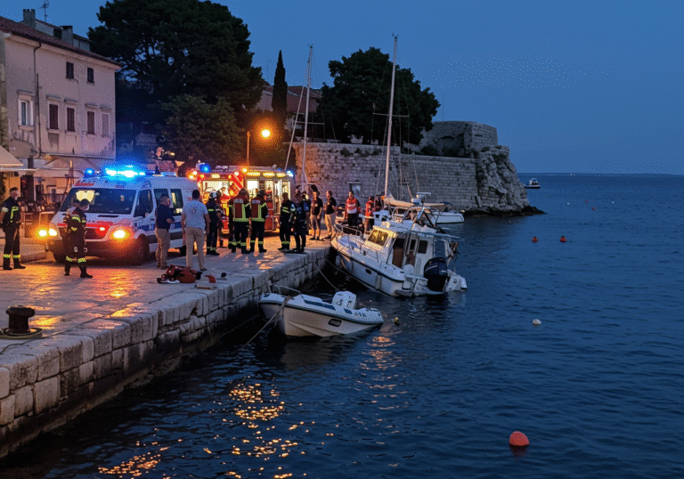 Dusk light on August 17th in Valdibora harbor, Rovinj, Croatia. Croatian police, firefighters, and medical teams are on the scene, responding to a boat collision. Emergency vehicle lights cast an orange and blue glow on the pier and water. One of the vessels is significantly damaged, having struck the stone coastal wall of the harbor. Port Authority officials are coordinating the operation. People, some wet and others receiving medical attention for minor injuries, are being helped by first responders near the water's edge.