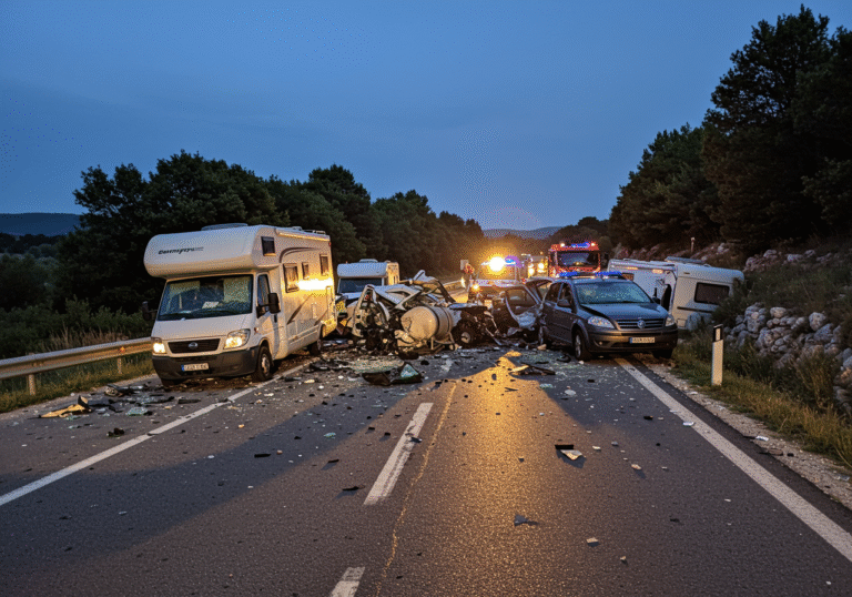A major multi-vehicle pile-up on Croatian State Road DC 303, between Rovinj and Rovinjsko Selo, at twilight on August 6th. Five heavily damaged vehicles are scattered across the asphalt road, including a crumpled German-registered camper van with a detached tank lying beside it, a car towing a small trailer, and an Italian-registered car. Extensive debris, shattered glass, and vehicle fluids cover the road, which is completely blocked. The scene is illuminated by the fading light of dusk, casting long shadows over the wreckage and the surrounding Istrian roadside vegetation.