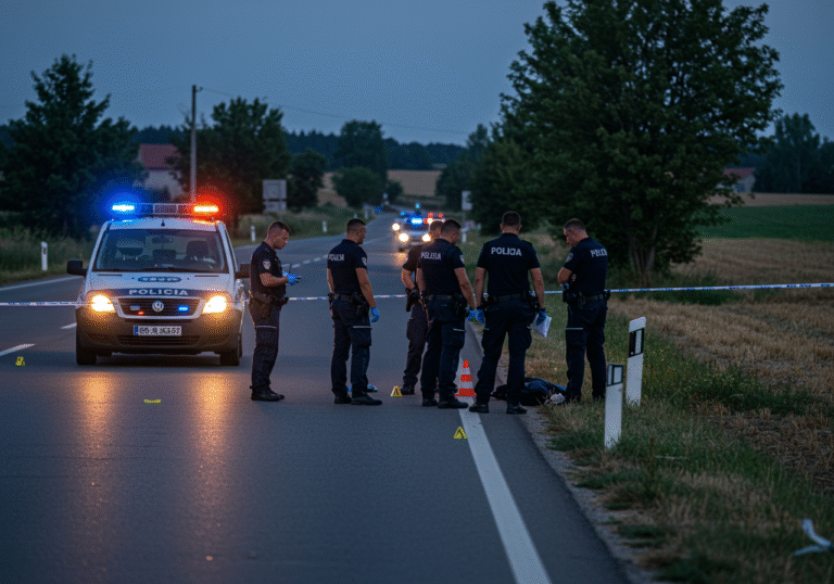 A somber evening scene on a county road in Runovići near Imotski, Croatia. Croatian police officers from the Splitsko-dalmatinska Police Department are conducting an on-site investigation of a fatal traffic accident. A passenger vehicle is parked on the side of the road, with evidence markers and cones visible on the asphalt. Uniformed officers are meticulously examining the scene, their faces grim under the dim light of an August evening, around 7 PM, possibly augmented by police vehicle lights. The rural landscape of the Imotski region is visible in the background, fading into dusk.
