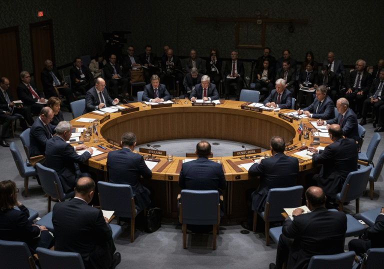 A solemn, closed-door consultation inside the United Nations Security Council Chamber in New York, late Thursday evening. Diplomatic representatives, including a serious-faced delegate from the Russian mission, are seated around the iconic horseshoe table. The representative from Panama is at the head of the table, presiding over the discussion on the urgent situation in Bosnia and Herzegovina. The atmosphere is tense and focused, with professional lighting.