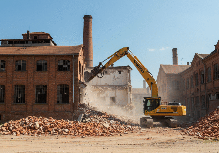 A large demolition excavator actively tearing down a section of a distinctive old red brick industrial building at the former Varteks textile factory site in Varaždin, Croatia. Piles of crushed bricks and debris are visible on the ground, with dust rising into the warm August air under a clear sky. In the background, other parts of the sprawling factory complex stand, awaiting transformation.