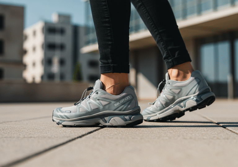 A person walks confidently on a sunlit modern urban street in Croatia, showcasing a Salomon XT-WHISPER VOID sneaker on their foot. The uniseks shoe features refined lines, layered textures, and a futuristic design, made from lightweight and breathable materials. The background is a slightly blurred Croatian cityscape under clear daylight, with contemporary architecture visible. Editorial photography, natural light, realistic.