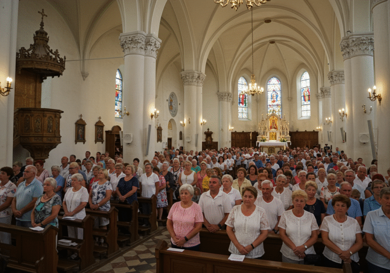Worshippers fill the historic Franciscan church in Samobor, Croatia, attending the solemn noon mass for the Feast of the Assumption. The traditional Catholic church is packed to capacity, with a strong sense of deep reverence and community among the attendees. Midday light streams through the windows, illuminating the devout faces of parishioners from Samobor and surrounding areas during the August celebration.