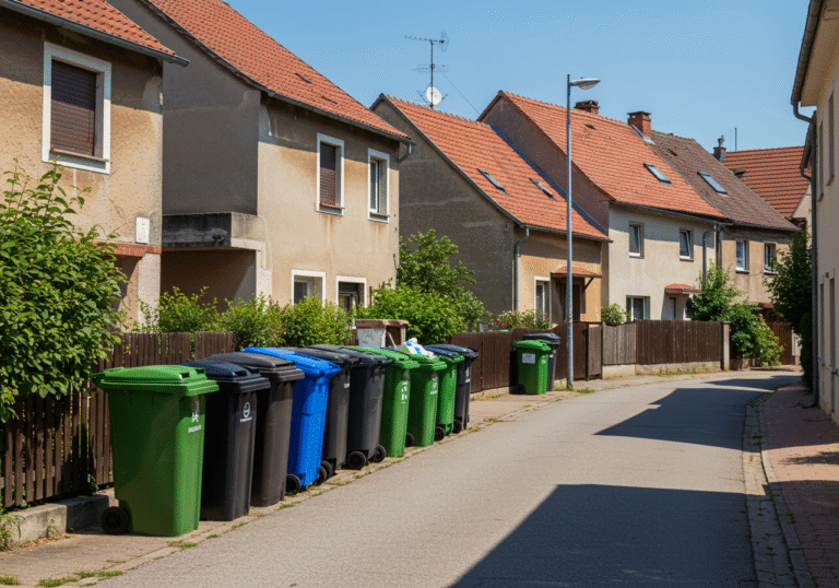 A bright, clear summer morning on a residential street in Samobor, Croatia. Residents have placed a variety of neatly sorted waste bins – for mixed communal waste, recyclables, and bio-waste – at the curb in front of their homes, featuring traditional Central European architecture with red tile roofs. The scene is calm, anticipating the municipal collection by Komunalac d.o.o. Samobor on this Saturday, August 16, 2025, which is an alternative collection day due to a public holiday.