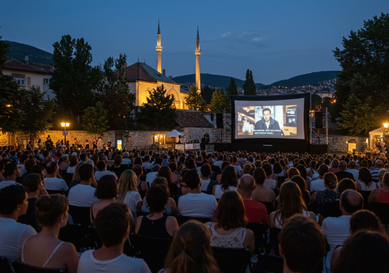 An outdoor film screening at the UNIQA Open Air Kino Stari Grad in Sarajevo, Bosnia and Herzegovina, on a warm summer evening. A diverse audience is seated, looking towards a large screen where a film is being projected. The time is around 8:45 PM on August 17, 2025, and the ambient light from the projected film illuminates faces in the foreground, while the historic architecture of Stari Grad is softly visible in the background against the twilight sky. The scene captures the concentrated atmosphere of a world premiere at the 31st Sarajevo Film Festival, highlighting the regional cinematic event.