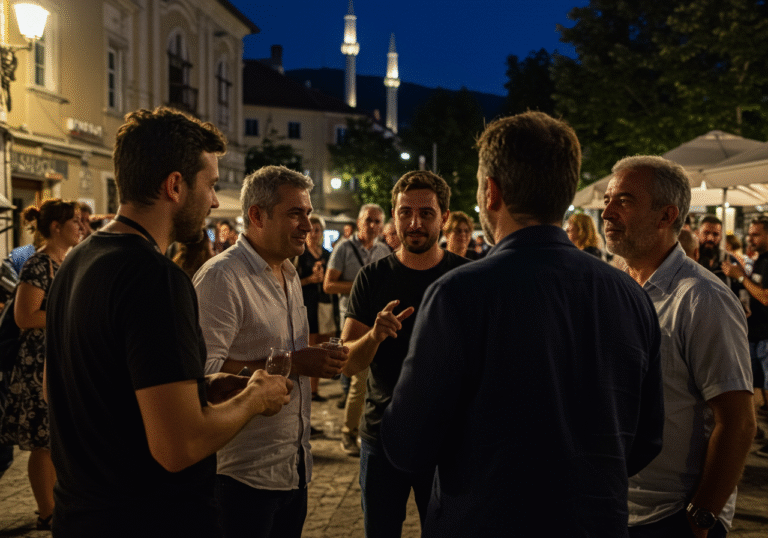 An outdoor scene during a warm August evening at the 31st Sarajevo Film Festival in Sarajevo, Bosnia and Herzegovina. Film directors, producers, and actors from various regional countries, including Croatia, are gathered, engaged in animated conversations. The soft, directional glow of festival lighting illuminates their faces against a backdrop of historic Sarajevo architecture and other attendees. The atmosphere is vibrant and professional, capturing the essence of a major European film event focused on new cinematic voices.