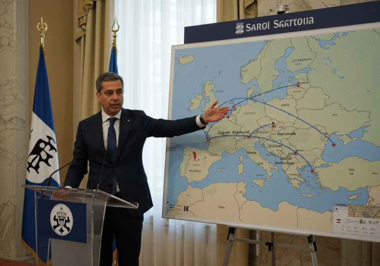 A formal press conference setting inside a sunlit, modern government building in Cagliari, Sardinia. A representative from the autonomous region's government, dressed in a sharp business suit, stands at a podium with the Sardinian flag subtly visible nearby. Behind them, a large, detailed map of Europe highlights proposed flight paths connecting Cagliari, Alghero, and Olbia airports to various international destinations, with a specific focus on new routes to Zagreb and Dubrovnik in Croatia. The official gestures towards the map with a confident and optimistic expression, signifying the strategic importance of this new air connectivity initiative for regional development and tourism.