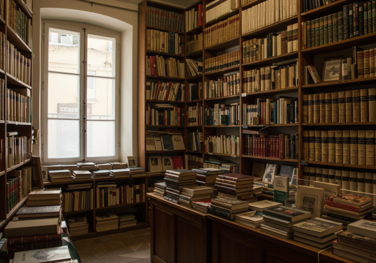 Interior of the 'Mali neboder' antique bookstore in Rijeka, Croatia, on a quiet afternoon. Soft natural light streams through a tall window, illuminating wooden shelves packed densely with countless old, leather-bound books and rare editions. The air is still and contemplative, reflecting the store's decades-long history as a cultural oasis for literature lovers. A subtle sense of reverence for the preserved written heritage fills the cozy space.