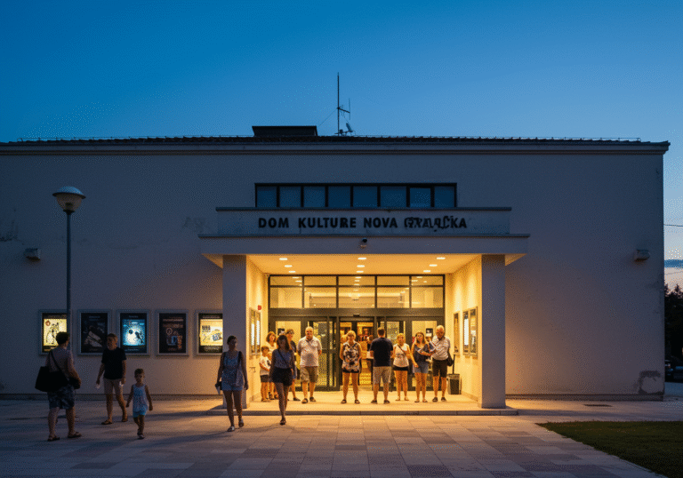 An exterior view of the Dom kulture Nova Gradiška in Croatia at dusk on a warm August evening. Soft, inviting light spills from the main entrance of the cultural center, where several people, including families and teenagers, are gathering or walking towards the entrance, some holding small papers. The scene conveys a sense of anticipation for an upcoming movie screening. The sky is a deep twilight blue, with early streetlights starting to illuminate the area around the building, highlighting the local Croatian architecture.