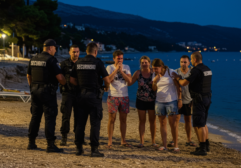 Three security guards in dark uniforms are in the immediate aftermath of a physical altercation with a group of six Slovenian tourists on a public beach in Savudrija, Croatia, late in the evening. A 28-year-old male tourist shows a cut on his forehead and a bruised lip, while a 25-year-old female tourist is visibly distressed, being comforted by another woman who appears disoriented, indicating a concussion. Two local neighbors are actively intervening, attempting to de-escalate the tense situation. The scene is illuminated by the dim ambient lights from the nearby Hotel Kempinski, casting soft glows on the sand and the calm Adriatic sea. The atmosphere is charged with shock and distress.