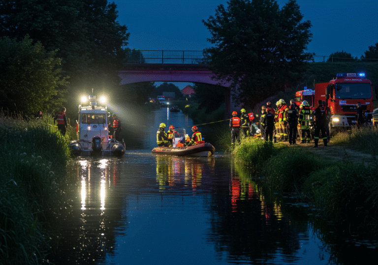 Late evening light casts long shadows over the derivation canal near Vidovski Most, Donji Vidovec, Međimurje County, Croatia. Croatian police officers, members of HGSS Čakovec in their distinctive rescue gear, and firefighters from JVP Čakovec and local volunteer fire departments are engaged in an intense search operation. Several small rescue boats, equipped with powerful spotlights, move slowly across the dark water of the canal. On the banks, emergency personnel in uniforms meticulously search the vegetation and water's edge, some using handheld lamps. The Vidovski Most bridge is visible in the background, subtly lit. The atmosphere is solemn and focused, reflecting the urgent and ongoing search.