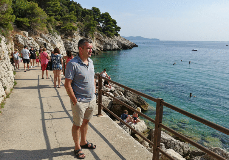 A Serbian male tourist in his 40s, dressed in light summer attire, stands on a sun-drenched coastal path at Rt Kamenjak, Istria, Croatia, looking out towards the sparkling turquoise waters of the Adriatic Sea on a bright summer afternoon. His expression is thoughtful and slightly pensive. In the mid-ground, other diverse European holidaymakers, including families with young children, are present in the public space, some active and conversing, against the backdrop of the rugged Croatian coastline.
