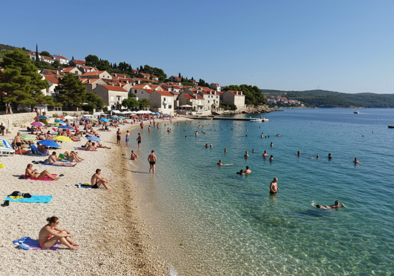 A wide-angle, sun-drenched photograph of a popular beach on the Croatian Adriatic coast during peak summer. Numerous tourists, dressed in swimwear and light summer attire, are enjoying the clear turquoise water and sunbathing on the pebbly shore. Colorful beach umbrellas dot the landscape, and small boats are visible in the distance. In the background, charming, traditional Croatian coastal towns with red-tiled roofs and historic architecture rise up from the shore. The scene is vibrant, relaxed, and indicative of a busy tourist season.
