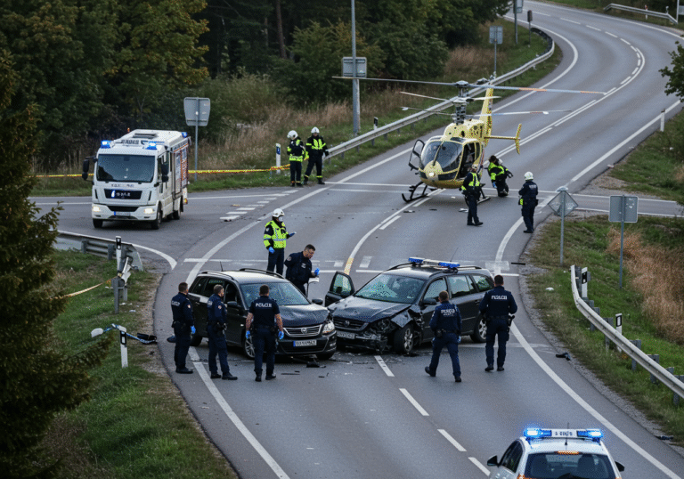 Daytime, a severe traffic accident scene at a road intersection in Čačinci, Virovitičko-podravska County, Croatia. Two heavily damaged passenger vehicles are central to the scene. Croatian police officers in dark uniforms are meticulously conducting a forensic investigation around the vehicles. A Helicopter Emergency Medical Service (HHMS) helicopter is visible near the scene, with HHMS medical personnel standing by. Traffic is being carefully regulated by police on the road, depicting a serious and professional emergency response.
