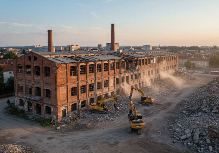 A wide, mid-day shot capturing the initial demolition phase of a large, weathered red-brick industrial building at the former Varteks textile factory site in Varaždin, northwestern Croatia, in August 2025. Heavy construction excavators are actively tearing down sections of the factory, generating plumes of dust and piles of concrete rubble. The scene shows the transition of the historical industrial landscape into a cleared site. In the background, typical Croatian city buildings and a clear summer sky are visible, hinting at the proximity to the city center.