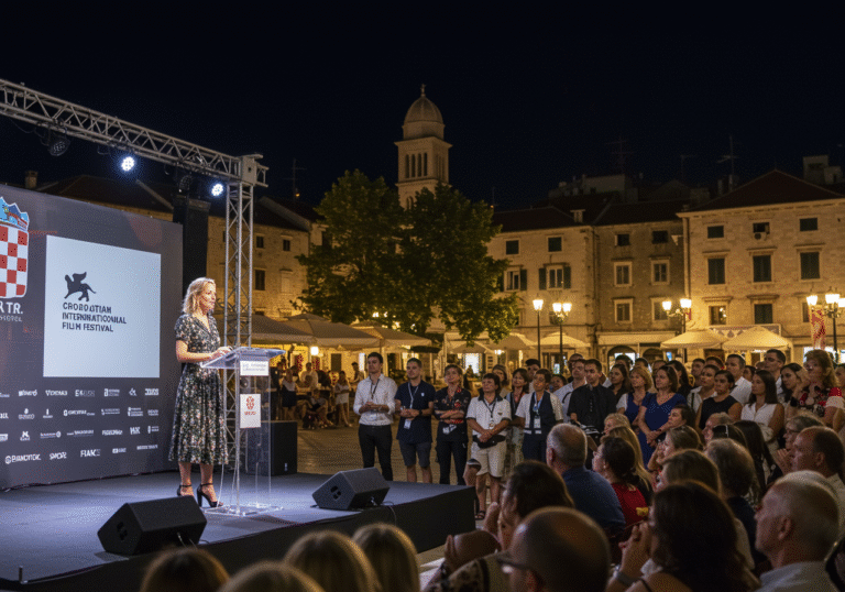 Croatian-American actress and producer Ella Mische speaks on a stage at the opening ceremony of the Croatian International Film Festival, addressing a diverse, engaged audience on Trg Republike Hrvatske (Republic of Croatia Square) in Šibenik, Croatia, on the evening of August 8. The square is brightly illuminated by event lighting and traditional streetlights, with historic Šibenik architecture visible in the background under the night sky. Attendees are dressed in professional to smart-casual attire, some observing attentively, conveying a celebratory and professional atmosphere.