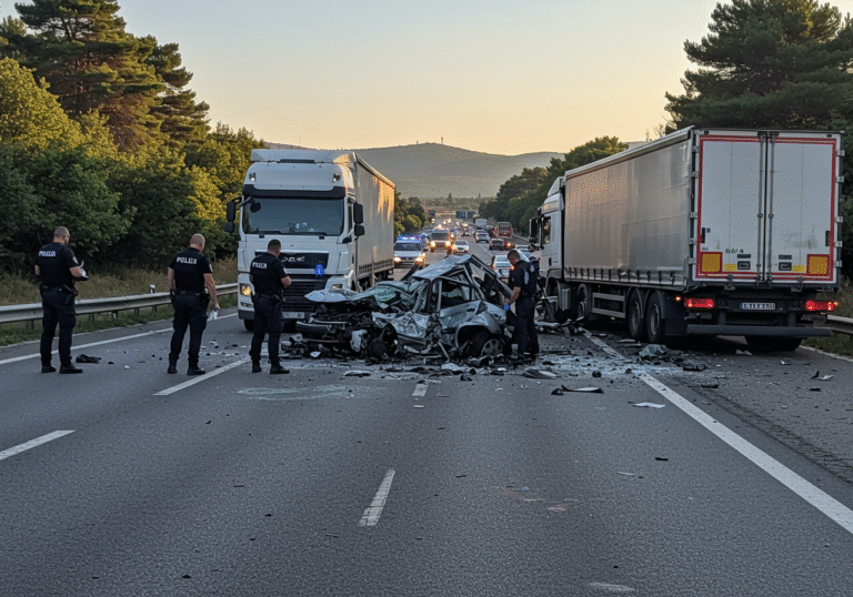 Morning light illuminates the scene of a severe multi-vehicle traffic accident on State Road D-8 in Šibenik, Croatia, around 10:50 AM. Distorted wreckage of a passenger car is seen crushed between two large trucks, with another damaged truck nearby. Debris litters the asphalt of the three-lane road, which appears to be on a subtle downhill grade. Several Croatian police officers in uniform are actively working at the crash site, documenting the scene and managing the area, with other vehicles and heavy traffic visible in the background on the busy highway. The atmosphere is solemn and focused on the investigation.