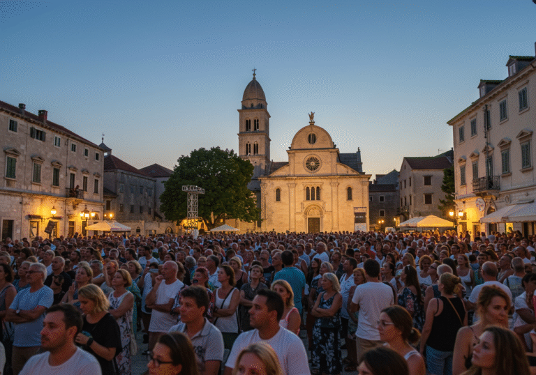 An editorial photograph of the Croatian International Film Festival opening night in Šibenik, Croatia. A large, diverse crowd is gathered in the Trg Republike Hrvatske (Republic of Croatia Square) under the clear August twilight sky. The majestic Katedrala sv. Jakova (Cathedral of St. James) is prominently featured in the background, subtly illuminated. Attendees, dressed in smart casual to elegant evening wear, are looking towards an unseen stage or large outdoor screen, reflecting the vibrant and celebratory atmosphere of a cultural event in coastal Croatia.