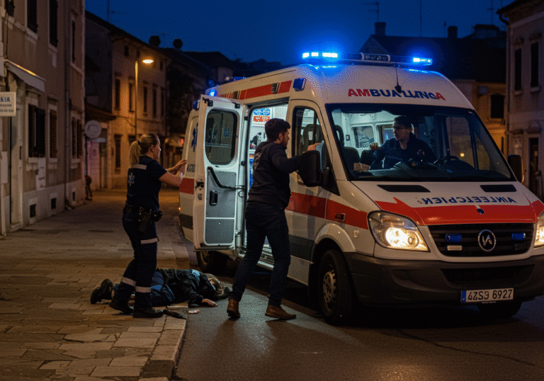 A dramatic scene unfolds on Stjepana Radića street in Šibenik, Croatia, on a Tuesday evening. A 23-year-old male, appearing agitated and under the influence of drugs, is physically assaulting a 29-year-old female ambulance driver near the open driver's door of a white Croatian ambulance vehicle. The driver, in her uniform, is trying to defend herself or escape. A 32-year-old female paramedic, also in uniform, is nearby, showing distress and possibly injured, having attempted to intervene. The ambulance's emergency lights are flashing, casting a chaotic glow on the urban street. Dim streetlights illuminate the background of typical Šibenik buildings under a late evening sky.