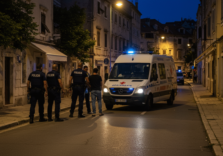 Evening in Šibenik, Croatia, on a street with characteristic Croatian urban buildings. Croatian police officers from the Šibenik-Knin Police Department are actively apprehending a 23-year-old male suspect. The suspect is being restrained by uniformed officers, while a white official medical transport vehicle, recently recovered after being stolen, is parked nearby. Streetlights illuminate the scene, casting long shadows, indicating the late evening hour of August 5, 2025. The image captures the immediate aftermath of a police intervention.