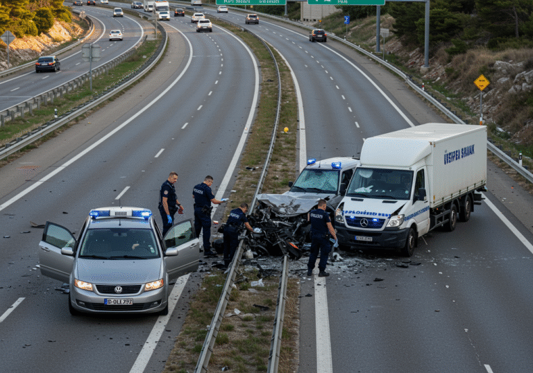 A multi-vehicle traffic collision scene on the Šibenik bypass in Croatia, near the entrance to Šibenik, under bright morning daylight around 10:50 AM. Four damaged vehicles are spread across three lanes of the closed highway. Croatian police officers in uniform are actively conducting an investigation, examining the wreckage and the road. Visible in the background are signs of heavy traffic congestion on the roads approaching the blocked bypass.