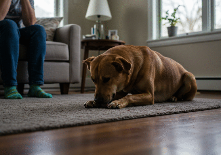 A quiet domestic scene inside a well-lit living room during daytime. A mid-sized domestic dog is lying on a soft rug, appearing hunched and slightly withdrawn. Its head is down, and it is intently licking its front paw. Natural light from a nearby window illuminates the dog and the comfortable, lived-in room. A human figure, seen partially from behind, is observing the dog from a short distance, conveying subtle concern.