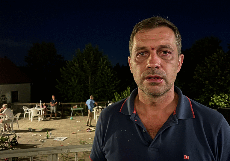 An adult male singer stands on a dimly lit outdoor terrace in Velika Municipality, Croatia, late at night. His face exhibits clear injuries from a recent violent incident: a visible gash on his chin from glass and a swollen, bruised lip, indicative of a lost tooth. His expression is a mix of physical pain and profound weariness. The immediate background subtly reveals the aftermath of a disrupted local political gathering, with hints of scattered party remnants or overturned chairs from an outdoor event. The scene captures the somber atmosphere of an August night following a brutal attack at a Municipality Day event organized by local HDZ councilors.
