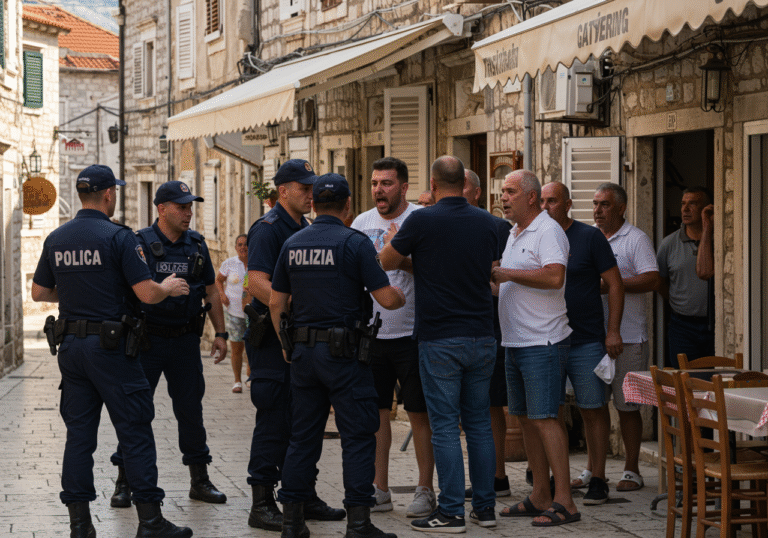 A tense scene unfolds on a sunny Sunday afternoon, August 3, 2025, on Glavičina Street in Sinj, Croatia. Several Croatian police officers in standard blue uniforms are engaging with a group of adult men in front of a traditional local catering establishment. One man is being restrained by an officer, while other men in the group stand nearby, some with agitated expressions, one possibly mid-shout or song. The atmosphere is charged, reflecting a public disturbance. Typical Southern Croatian town architecture with stone facades and red-tiled roofs lines the street.