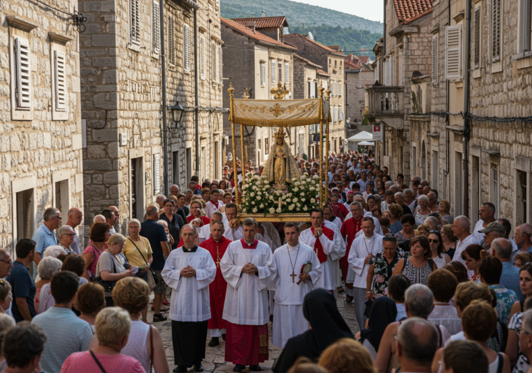 A solemn religious procession moves through the sunlit, historic city streets of Sinj, Croatia, on August 15, 2025. The miraculous image of Our Lady of Sinj is carried at the forefront by a group consisting of Sinj Alkar knights in their traditional historical uniforms, Catholic seminarians in cassocks, nuns in habits, and nurses in uniform. Behind them, tens of thousands of pilgrims, men and women of all ages, fill the narrow streets, many singing hymns with devout expressions, their faces illuminated by the bright summer afternoon light reflecting off the traditional Croatian stone buildings.