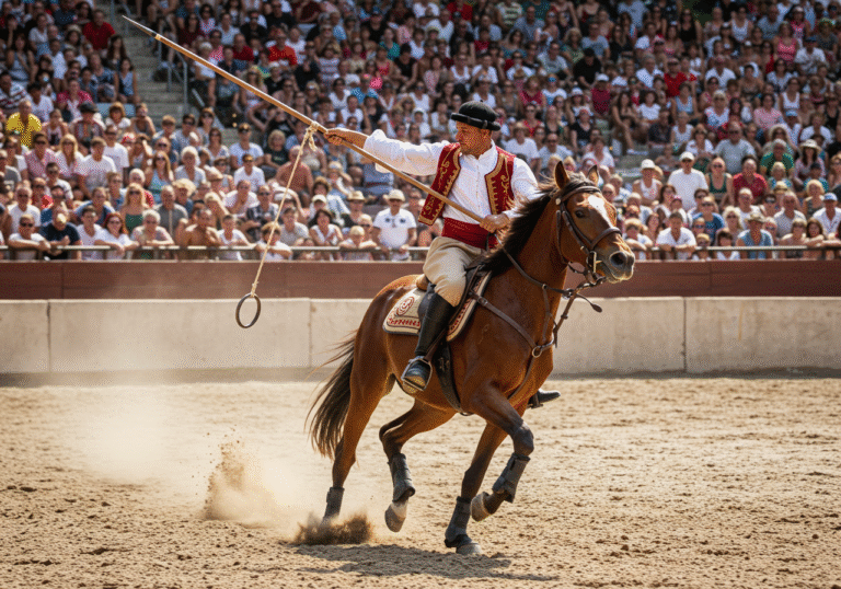 A focused Frano Talaja, wearing the traditional Sinjska Alka uniform, rides his horse at full gallop on the dusty track in Sinj, Dalmatian hinterland, Croatia, on a bright, hot summer day. His right arm is extended, holding a long spear precisely aimed at the small metal alka ring hanging from a rope. The sun is high, casting distinct shadows and highlighting the intricate embroidery on his uniform and the horse's powerful stride. In the background, a large crowd of thousands of spectators fills the stands, their faces a blur of anticipation, witnessing the historic 310th Sinjska Alka. The air shimmers with heat, adding to the intense atmosphere of the traditional knightly game.