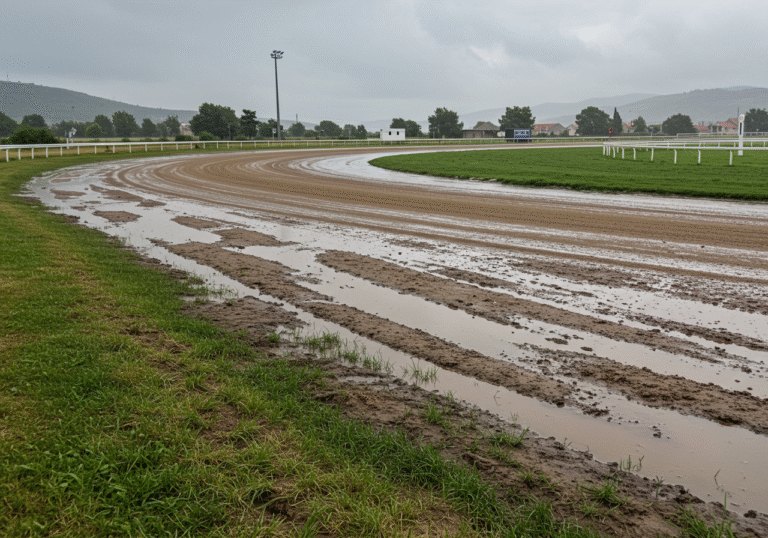 The Alka racetrack in Sinj, Croatia, under a heavy, persistent rainfall on the afternoon of August 3, 2025. The unpaved track is completely saturated, with deep, wide puddles and thick, dark mud making it impassable. The surrounding area also appears waterlogged and slick. The sky is dark and overcast, casting a gloomy light over the scene. No people or horses are present, highlighting the dangerous and unsafe conditions that led to the event's postponement.